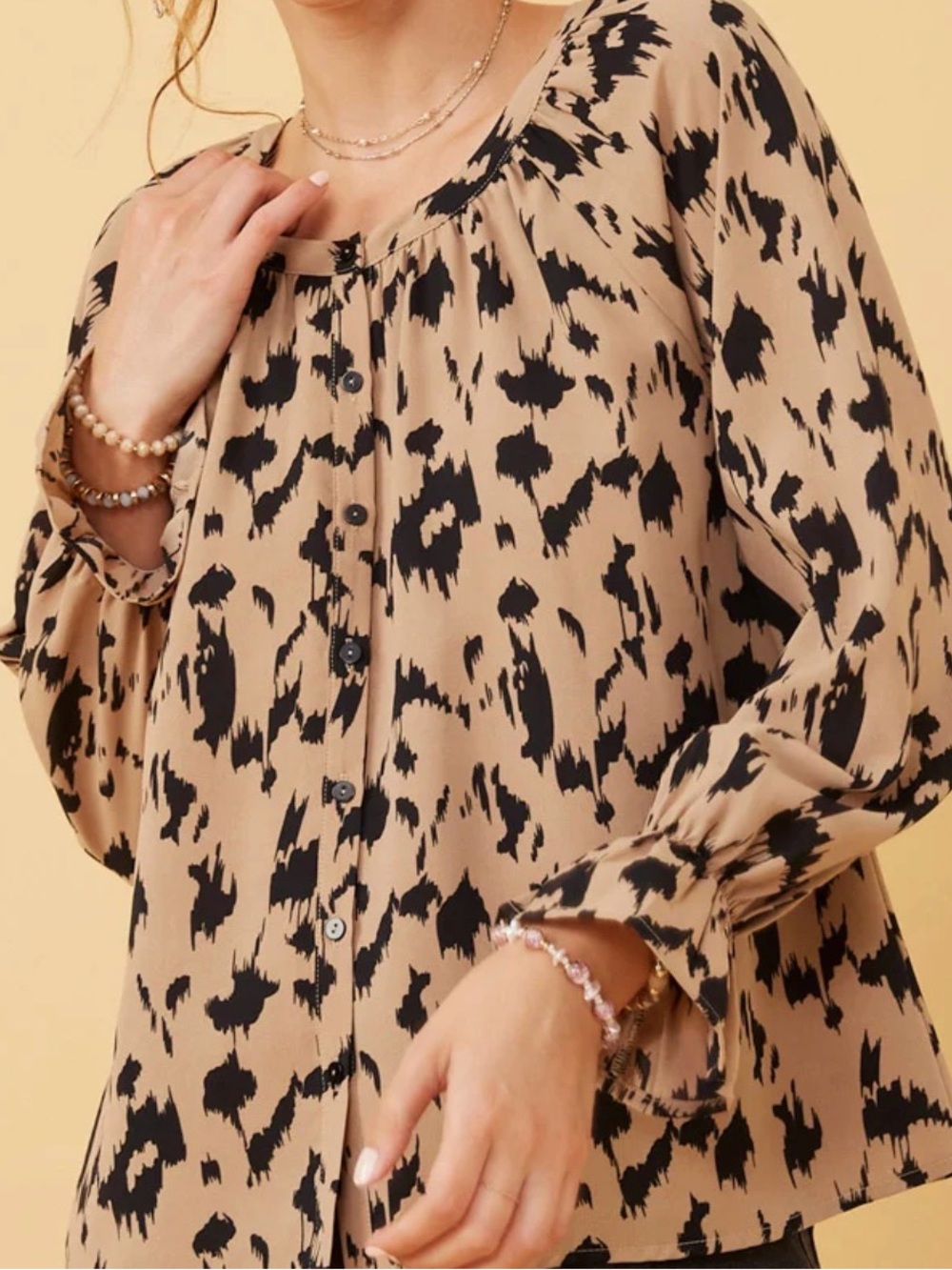 Hayden Beige and Black Printed Button-Front Blouse